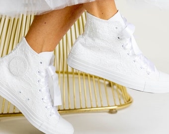 White High Top Glitter Converse For Bride, Personalized Sneakers For Wedding Shoes For Bride Custom