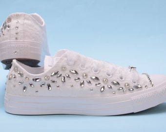 Bling Converse Trainers With Rhinestone, Bridal Sneakers, White Bride Converse Sneakers With Lace, Tennis Shoes With Crystals