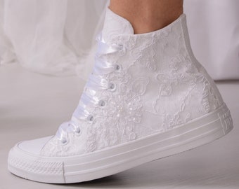 Baskets de mariage blanches de luxe pour la mariée, dentelle Converse High Top, baskets montantes de mariée avec dentelle de Dubaï