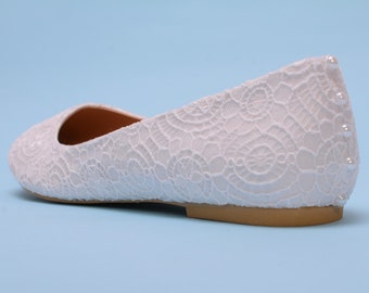 Lace wedding flats for bride, White Bridal Flats, Wedding Ballerina, White Flats With Pearls