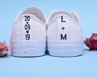 Custom Converse For Bride, Converse Sneakers Personalized, White Lace Converse Trainers, Monogrammed Low Top Chucks For Reception