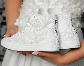 Luxury Lace High Top Converse for Brides - Personalized Bridal Sneakers - Custom Wedding Shoes with Elegant Lace