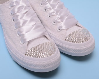 Rhinestone Converse shoes for bride, Bling Converse Bling, Sneakers with crystal, Trainers for Bride, Bling Trainers, White Lace Converse