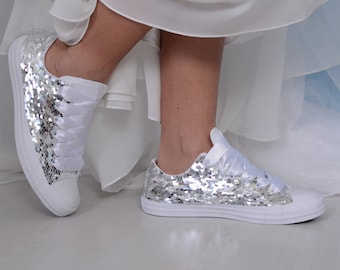 Silver Sequin Converse Trainers, White Sequin Converse Shoes For Bride, Sequin Sneakers, Sequin Tennis Shoes For Prom or Party