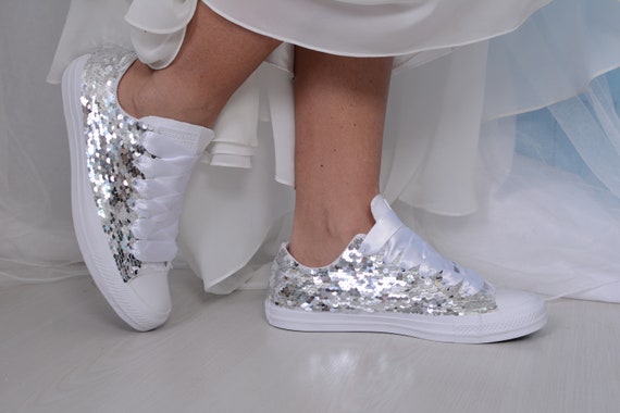 Silver Sequin Wedding Converse for Bride, White sequin Converse