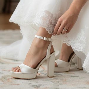 Satin Bridal Sandals with Platform and Block Heel - White or Ivory