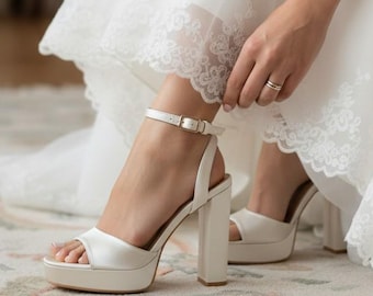 Satin Bridal Sandals with Platform and Block Heel - White or Ivory