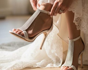 T Strap Wedding Heels, Satin Bridal Sandals, White or Ivory Shoes 10 cm Heel