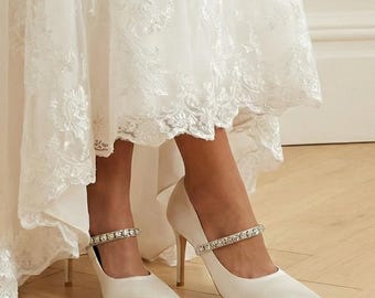 Satin Wedding Heels with Crystal Strap, Ivory or White Bridal Shoes, 9 cm Heel