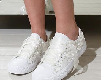 Ivory Wedding Trainers with Sequins for Bride, Comfortable Shoes for Reception