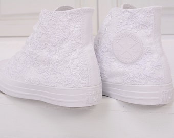 Luxury Lace White Wedding Converse High Top, Custom Converse Shoes For Bride, Bridal High Top Sneakers with Dubai Lace