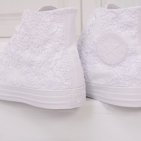 Luxury Lace White Wedding Converse High Top, Custom Converse Shoes For Bride, Bridal High Top Sneakers with Dubai Lace