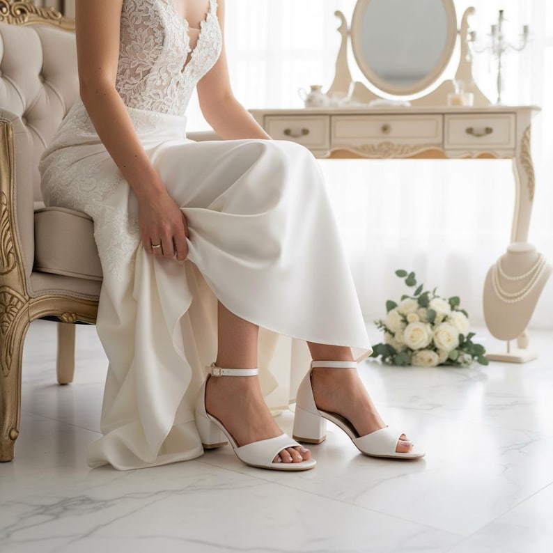 Low heel satin wedding sandals for bride with ankle strap
