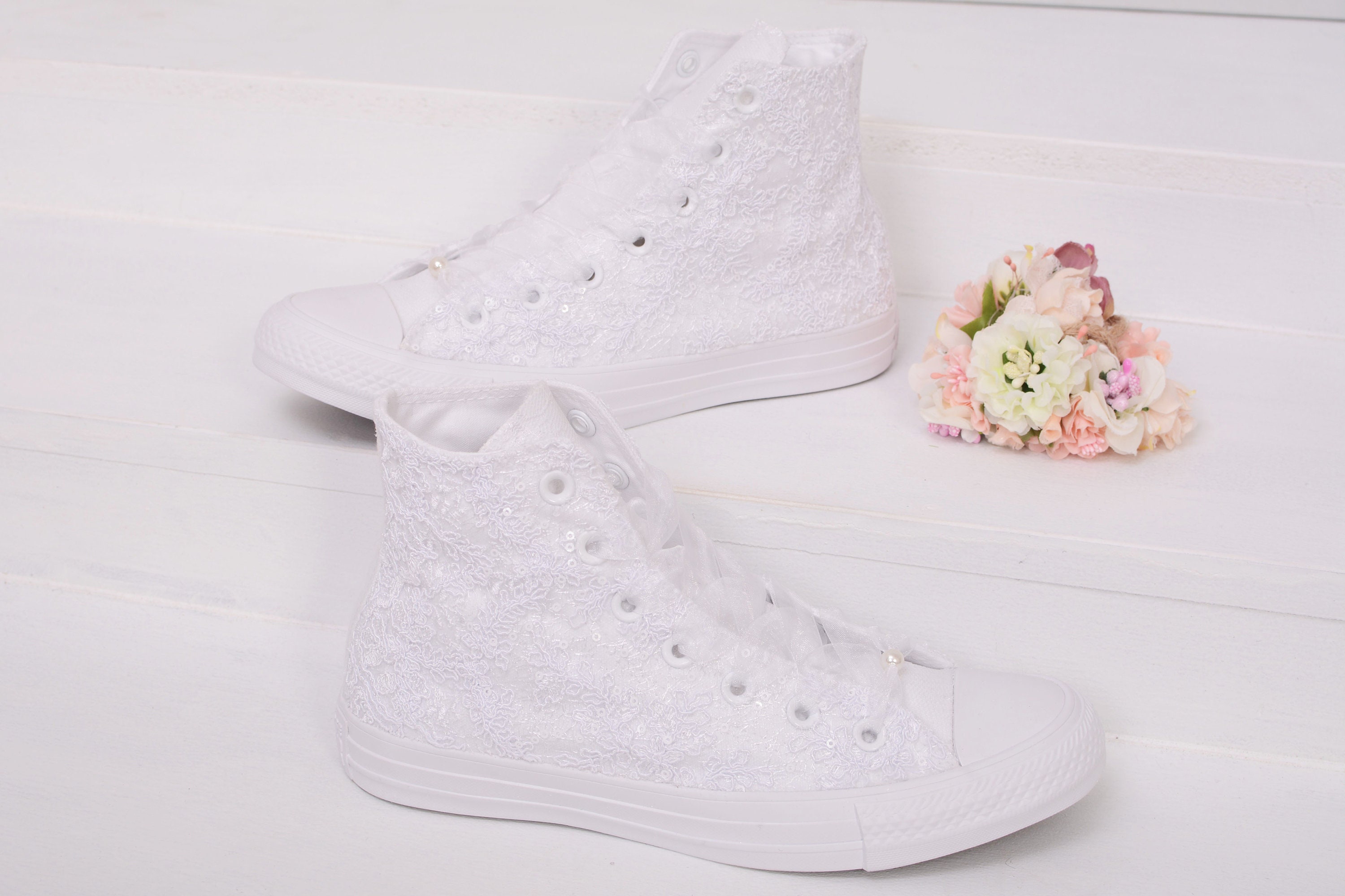 Luxury White Wedding Converse High Top, Awesome Converse Shoes, Lace High Top Converse For Bride