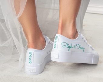 White Personalized Wedding Sneakers, Bridal Comfortable Shoes, Cozy Nuptial Day Footwear, Pearl Toe Matrimonial Kicks, Ceremony Trainers