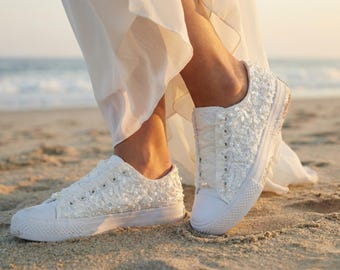Ivory Lace Wedding Sneakers for Beach Ceremonies and Receptions, Comfortable Bridal Shoes