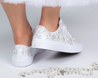 Silver Sequin Converse Trainers Sequin Sneakers Sh s for Bride