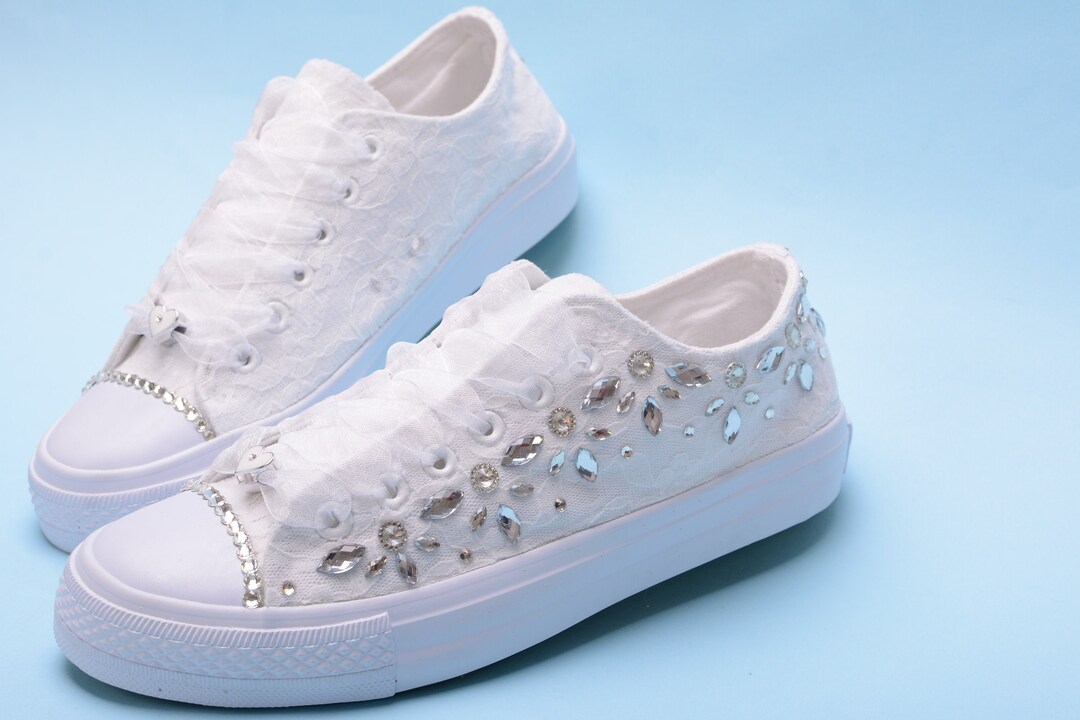 White Lace Wedding Sneakers for Bride, Bling Bridal Trainers for ...