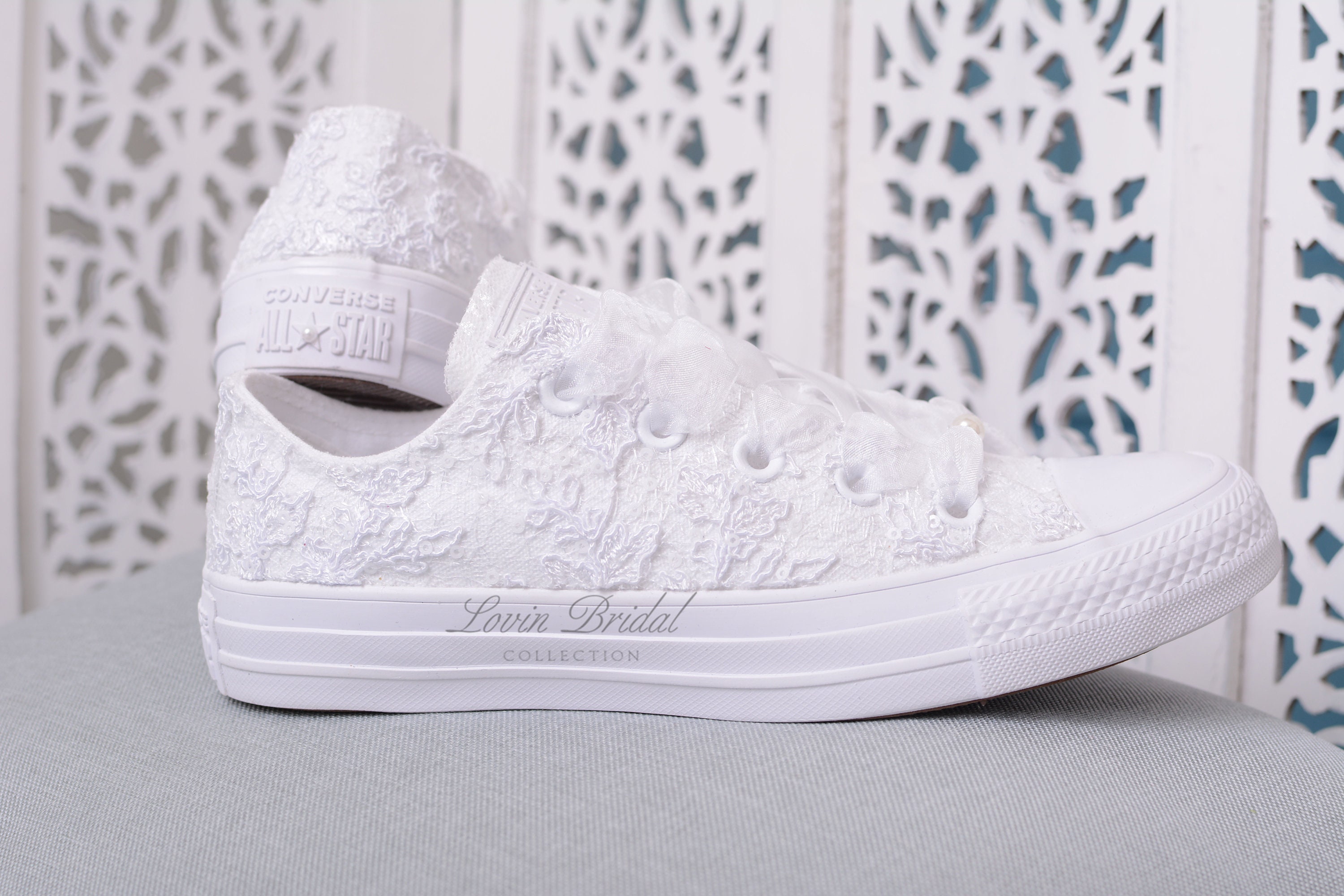 Luxury White Wedding Converse Low top, Awesome Converse Shoes, Lace Converse  For Bride