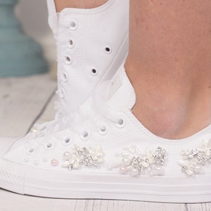 Hand Beaded Wedding Shoes For Bride, Crystals And Pearls Wedding Converse, Bling Converse Shoes, Bride Chucks, Bridal Chucks, Wedding Chucks