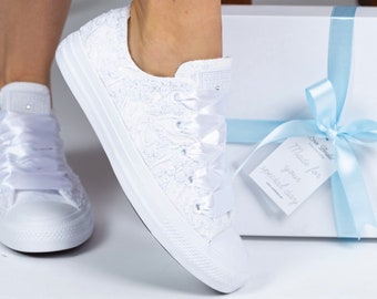 Mariage blanc de luxe Converse pour la mariée, chaussures de mariée personnalisées pour danser, chaussures de mariage à destination, cadeau de mariée Shiwer