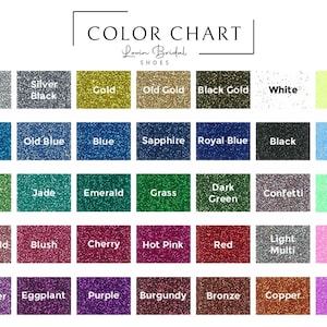May include: Color chart showing 36 different glitter colors for bridal shoes. The colors include silver, gold, blue, green, pink, purple, and more.