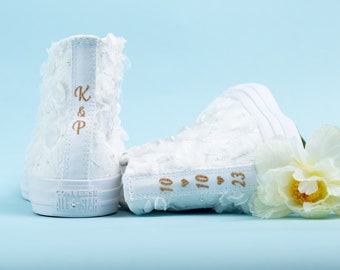 High Top Ivory Wedding Sneakers For Bride, Bridal Sneakers With Flowers, Bridesmaid Tennis Shoes, Converse High Top