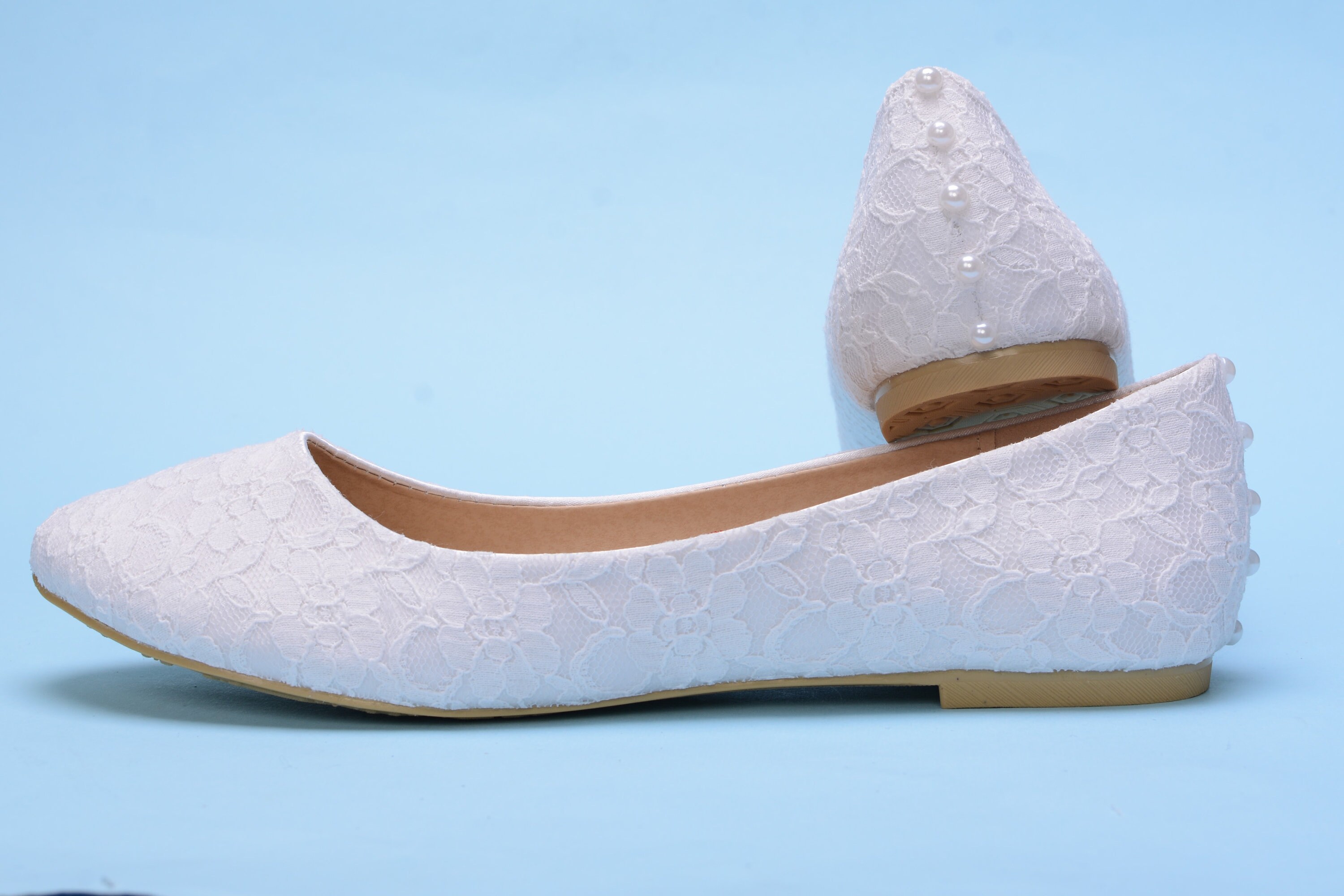 White Lace Flat Shoes For Bride, Flat Shoes Wedding, Bridal Shoes with Pearls