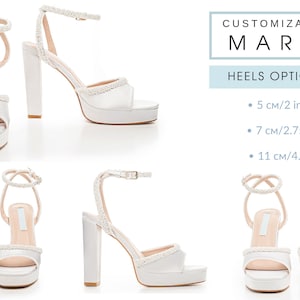 May include: White platform sandals with ankle straps and block heels. The sandals have a decorative trim and are available with heel heights of 2 inches, 2.75 inches, or 4.3 inches. The text "CUSTOMIZATION MARIA" is also visible.