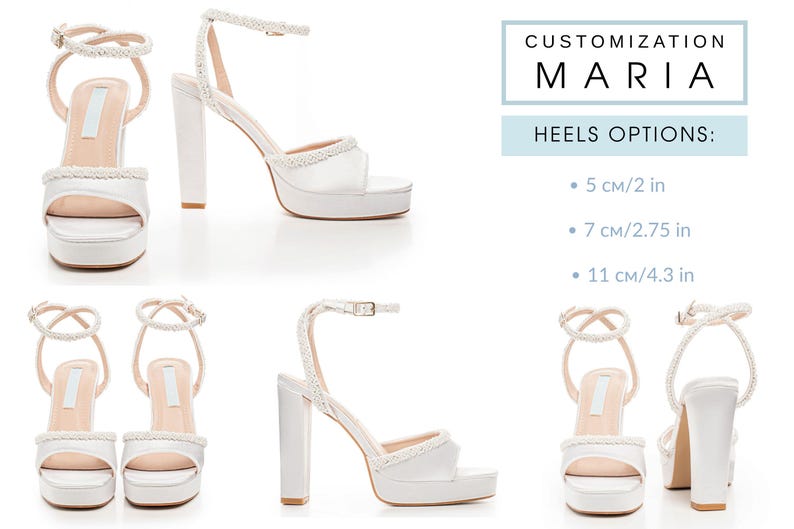 May include: White platform sandals with ankle straps and block heels. The sandals have a decorative trim and are available with heel heights of 2 inches, 2.75 inches, or 4.3 inches. The text "CUSTOMIZATION MARIA" is also visible.
