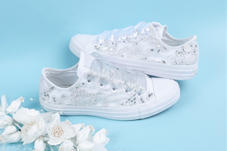 Luxury Silver sequin Wedding Converse, Custom Converse Shoes For Bride, Bridal Converse image 4