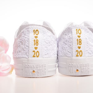 Elegant lace-adorned bridal Converse, crafted for the luxurious white wedding. Customizable low-top tennis shoes featuring exquisite Dubai lace, perfect for the style-conscious bride