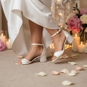 White satin bridal sandals with block heel and open toe