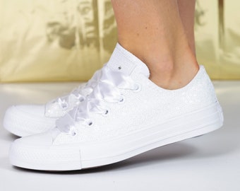 White Wedding Converse For Bride, Sequin Wedding Sneakers, Sequin Wedding trainers