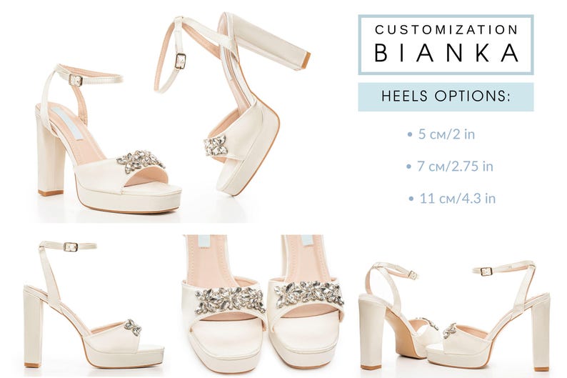 May include: Ivory platform sandals with ankle straps and block heels. Each sandal features a decorative rhinestone embellishment on the toe strap. The image includes text that reads "CUSTOMIZATION BIANKA" and "HEELS OPTIONS: 5 cm/2 in, 7 cm/2.75 in, 11 cm/4.3 in."
