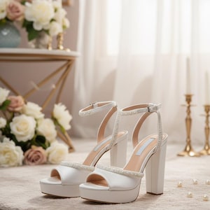 May include: A pair of white platform sandals with block heels. The open-toe shoes have a strap around the ankle and are embellished with small pearls. The shoes are on a neutral-colored rug, with a blurred background of flowers and candles.