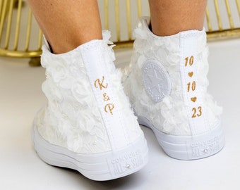 Converse For Bride, Ivory High Top Sneakers For Wedding, Personalized Shoes For The Bride Custom Converse shoes with Roses and Lace