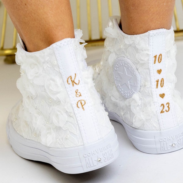 Converse For Bride, Ivory High Top Sneakers For Wedding, Personalized Shoes For The Bride Custom Converse shoes with Roses and Lace