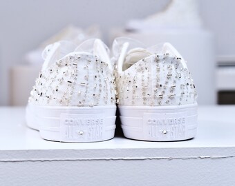 Bling Converse shoes for bride, Crystal Converse Bling, Sneakers with crystal, Trainers for Bride, Bling Trainers, White Lace Converse