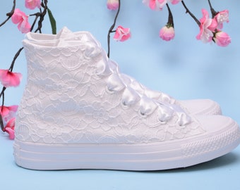 White High Top Wedding Converse For Bride, Lace Bridal Converse Shoes, Custom Trainers Chucks