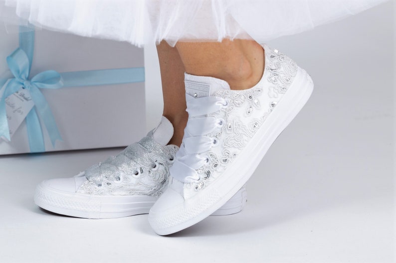 Luxury Silver sequin Wedding Converse, Custom Converse Shoes For Bride, Bridal Converse image 2