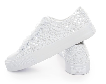 White Wedding Trainers with Beaded Lace, Ivory Comfortable Shoes for Modern Bride