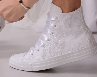 Luxury White Wedding Converse For Bride, Lace Converse Trainers High Top, Bridal Chucks High Top Sneakers with Dubai Lace