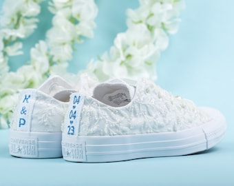 Luxury Ivory Wedding Converse For Bride With Beads, Ivory Wedding Shoes, Ivory Trainers, Ivory Sneakers, Ivory Tennis Shoes