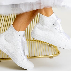 White High Top Glitter Converse For Bride, Personalized Sneakers For Wedding Shoes For Bride Custom