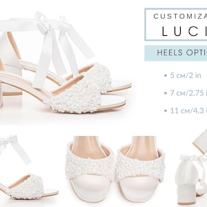 May include: White bridal sandals with block heels and ankle ties. The toe straps are embellished with small, textured details. The image includes text that reads "CUSTOMIZATION LUCIA" and "HEELS OPTIONS:" with heel height options of 2, 2.75, and 4.3 inches.