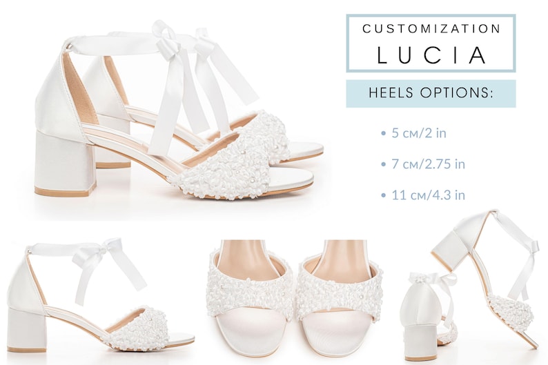 May include: White bridal sandals with block heels and ankle ties. The toe straps are embellished with small, textured details. The image includes text that reads "CUSTOMIZATION LUCIA" and "HEELS OPTIONS:" with heel height options of 2, 2.75, and 4.3 inches.