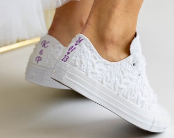 Converse pour la mariée de luxe en dentelle blanche, chaussures de mariage personnalisées pour danser, chaussures de mariage à destination, cadeau de mariée Shiwer