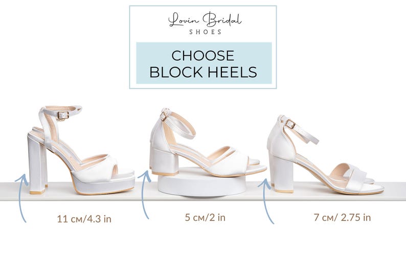 May include: Three pairs of white block heel bridal shoes are displayed. The heels measure 4.3 inches, 2 inches, and 2.75 inches. The shoes have ankle straps and are on a white surface.