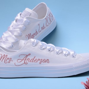 Personalized Wedding Converse, Personalised Bridal Converse For Bride, Custom Pink Glitter Rose Gold Converse Sneakers